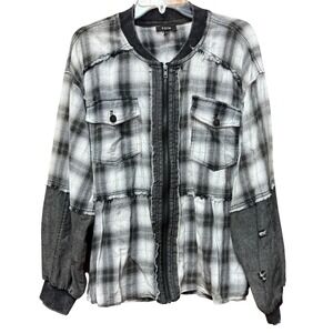 Fate Women's Black White Plaid Disstressed Long Sleeve Tiered Denim Shacket‎ Y2K